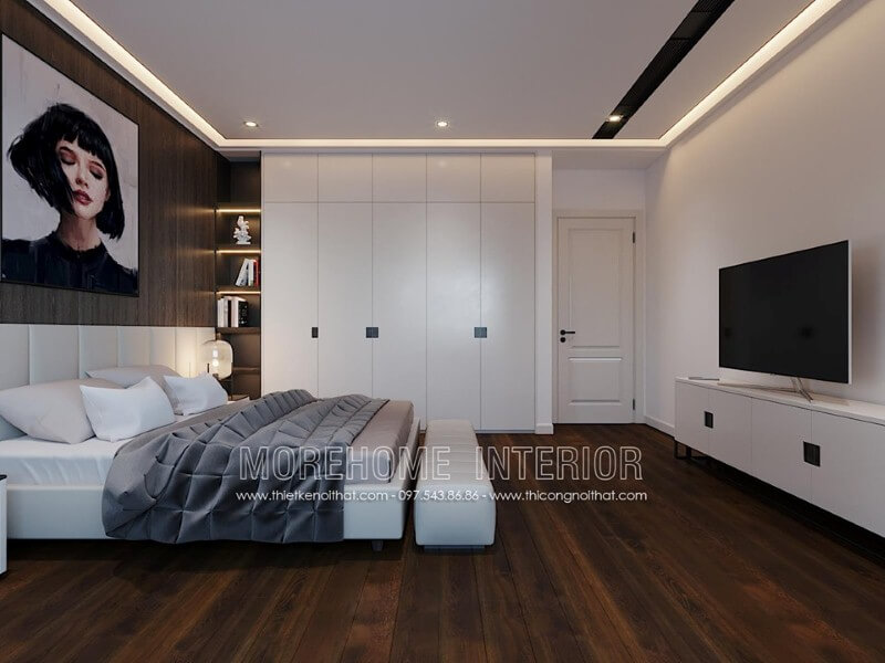 Ánh sáng được trang trí đơn giản với đèn âm trần nhưng lại tạo nét đẹp sang trọng độc đáo cho phòng ngủ hiện đại. Thiết kế chung cư