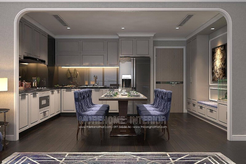 Tủ bếp gỗ công nghiệp sơn trắng với đường nét tân cổ điển đẹp mắt Tủ bếp gỗ công nghiệp và tủ bếp acrylic