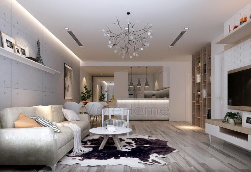 Thiết kế nội thất phòng khách chung cư hiện đại sử dụng tone màu ghi sáng và trắng làm chủ đạo mang đến cảm giác hiện đại, sang trọng và tinh tế Thiết kế chung cư