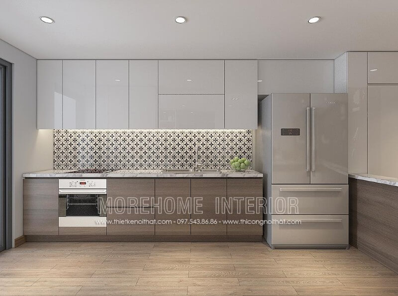 Tủ bếp gỗ chũ i đầy ấn tượng, khu vực sơ chế thực phẩm và bếp nấu được bố trí hợp lí tạo thuận tiện cho gia chủ trong quá trình nấu nướng Tủ bếp chữ i