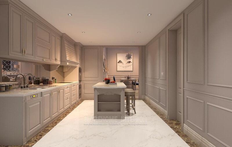 Thiết kế tủ bếp chữ i kiểu dáng tân cổ điển, các chi tiết chạm khắc tinh xảo, không quá cầu kì tạo sự sang trọng, đẳng cấp mà không rối mắt cho người nhìn Tủ bếp chữ i