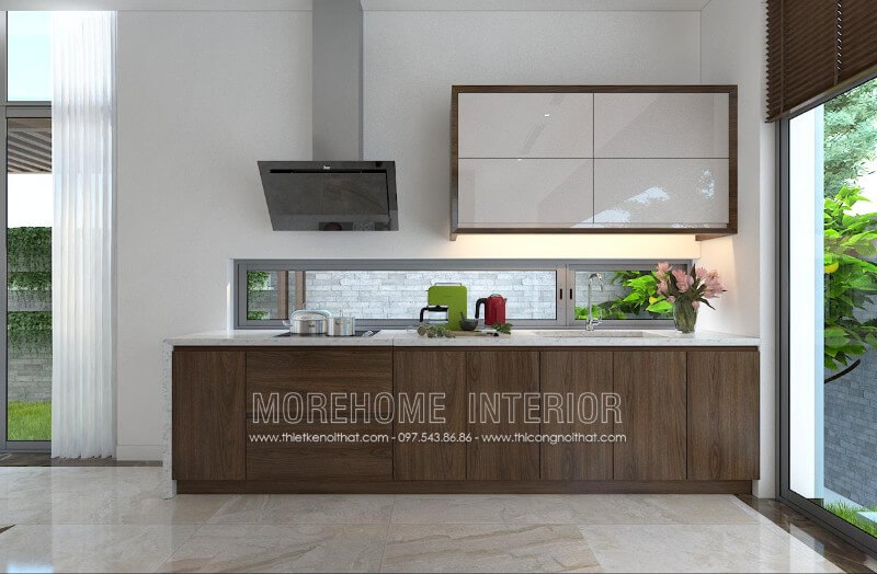 Tủ bếp gỗ óc chó nhập khẩu được thiết kế chữ i đơn giản hay không cầu kỳ mà vẫn phải đáp ứng đầy đủ công năng sử dụng, thỏa mãn tính thẩm mỹ lại rất gọn gàng bắt mắt, thể hiện đẳng cấp của gia chủ Tủ bếp chữ i