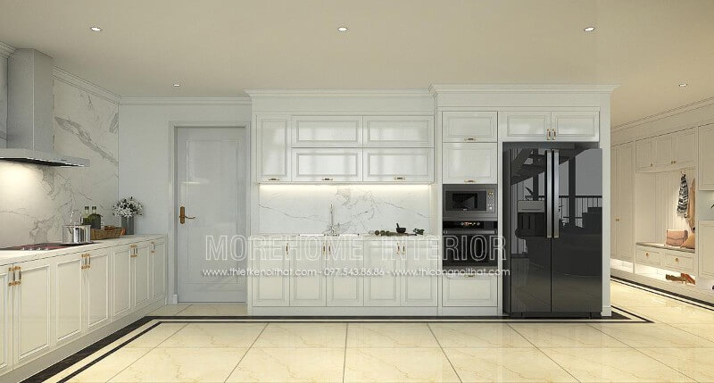 Tủ bếp hiện đại kiểu dáng chữ i đầy ấn tượng, khu vực nấu nướng bếp nóng và khu vực sơ chế thực phẩm được bố trí hợp lí, đảm bảo công năng sử dụng cũng như thuận tiện di chuyển trong quá trình nấu nướng của gia chủ Tủ bếp chữ i