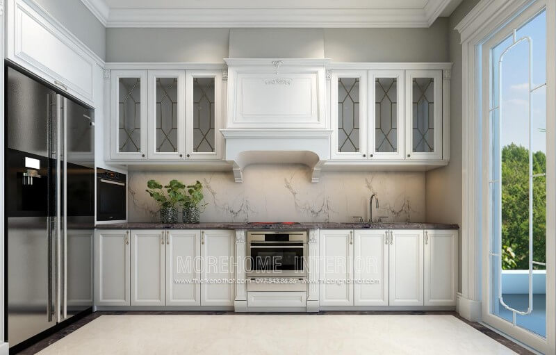 Tủ bếp âm tường kiểu dáng chữ i với chất liệu gỗ sồi phun sơn trắng bệt Alkana cao cấp mang lại căn bếp chung cư sang trọng và thông thoáng hơn Tủ bếp chữ i