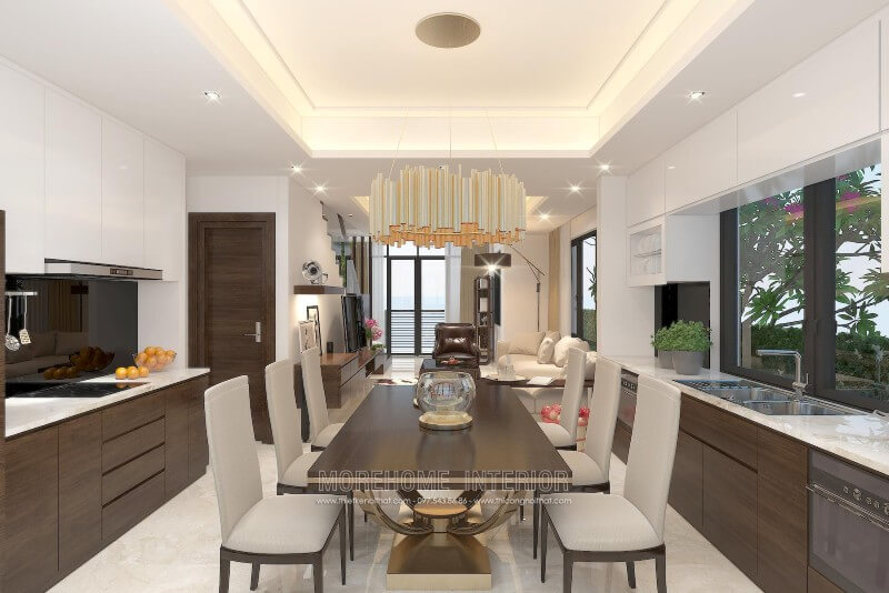 Mẫu tủ bếp gỗ công nghiệp kiểu dáng chữ i được đặt song song gợi nên sự thông thoáng hơn cho không gian nhà bếp Tủ bếp chữ i