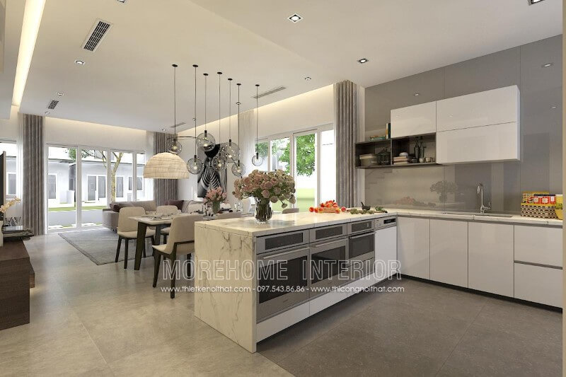 Tủ bếp gỗ An cường màu trắng kết hợp với đá ốp bếp màu bóng màu lông chuột tạo nên một không gian bếp thật thông thoáng và tươi mới. Tủ bếp đẹp