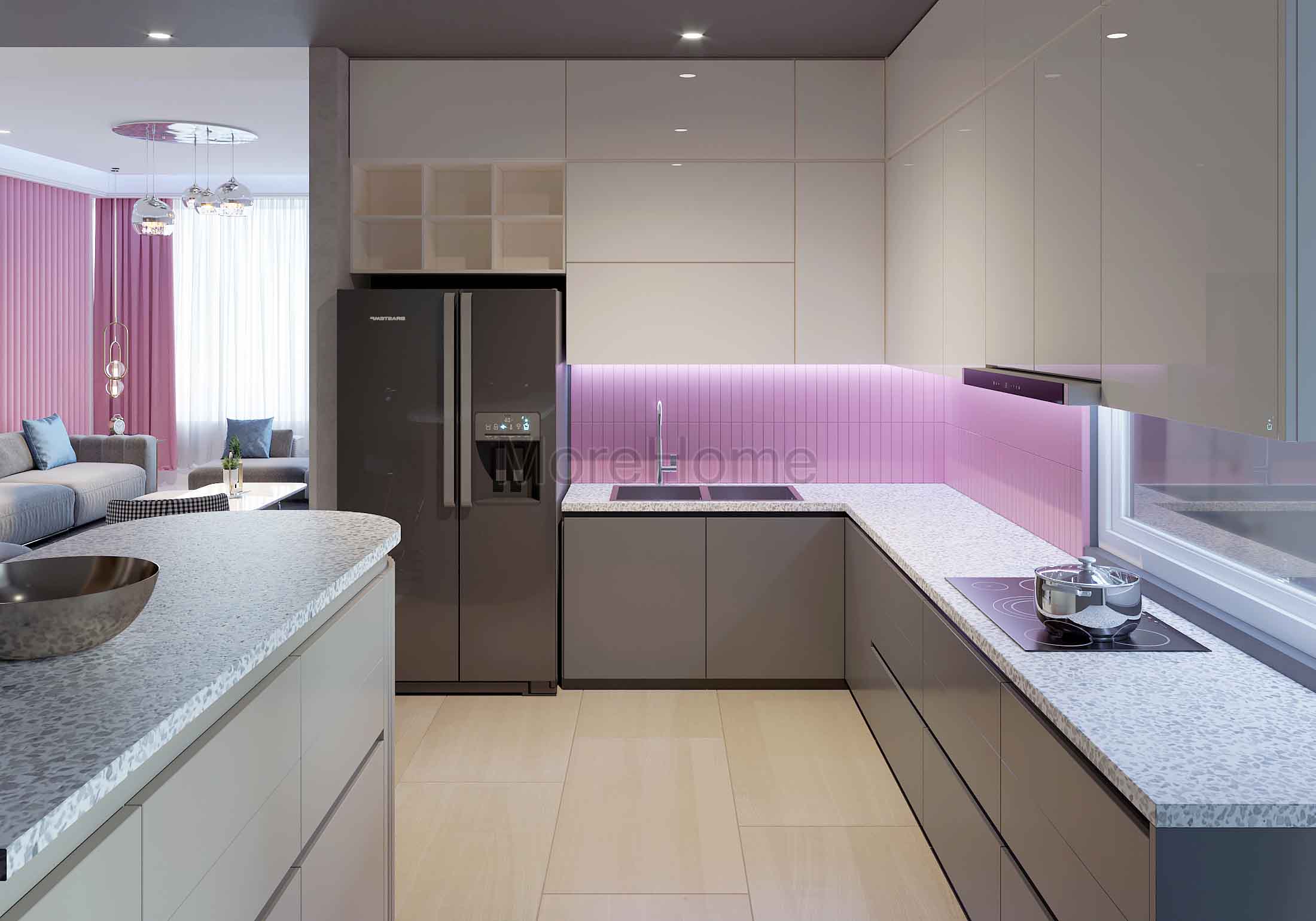 Mẫu tủ bếp gỗ màu ghi xám, mặt bếp ốp đá cao cấp tạo nên không gian bếp sạch sẽ và thoáng rộng Tủ bếp đẹp