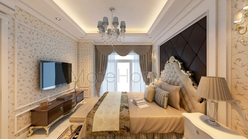 Thiết kế nội thất phòng ngủ master thu hút mang cảm giác sang trọng và vô cùng quý phái. Mẫu nội thất chung cư tân cổ điển