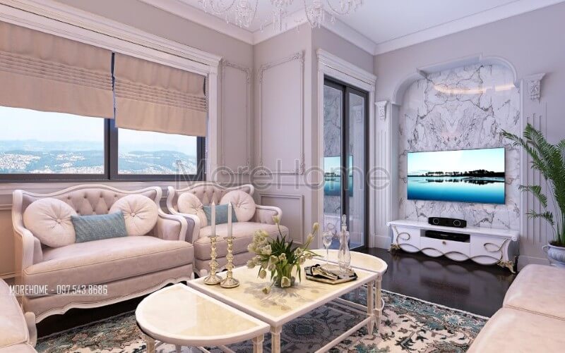 Thiết kế nội thất phòng khách chung cư ấn tượng và tinh tế tới từng chi tiết nhỏ. Mẫu nội thất chung cư tân cổ điển