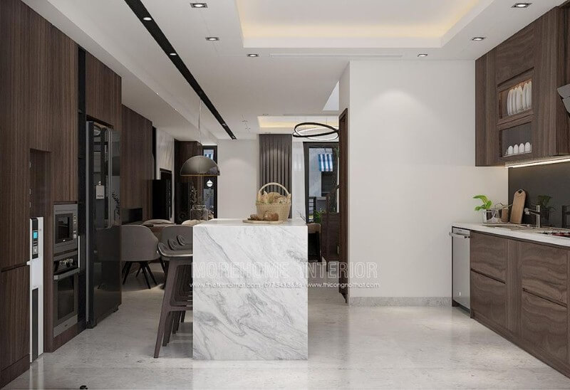Bàn đảo bếp đá vân mây đẹp tạo nên điểm nhấn ấn tượng cho không gian bếp. Đá ốp bếp biệt thự