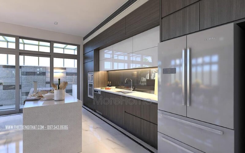 Bàn đảo đá nhân tạo trắng cao cấp lựa chọn ấn tượng cho không gian bếp hiện đại, sang trọng. Đá ốp bếp biệt thự