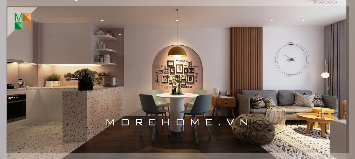 Gam màu hài hòa giữa căn nhà tạo cho không gian ngôi nhà chung cư một cảm giác thông thoáng và thoải mái nhất. Mỗi một phòng được sắp xếp nội thất riêng biệt nhưng vẫn tạo nên thể thông nhất cho căn nhà được liền mạch và tiện nghi. Mẫu nội thất chung cư