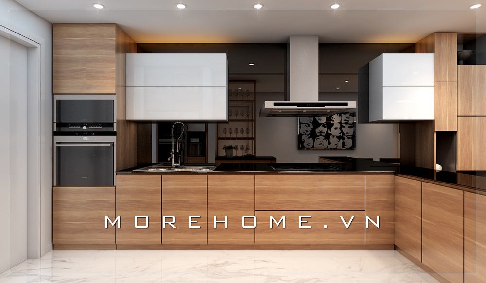 Mẫu tủ bếp gỗ công nghiệp tông màu nâu sáng, mặt tủ ốp đá bếp màu đen cao cấp mang đến căn bếp sạch sẽ và tiện nghi nhất cho người nội trợ Tủ bếp hiện đại đẹp
