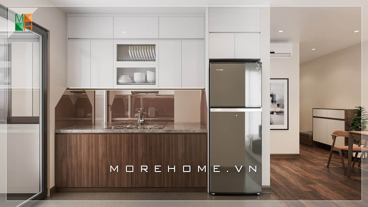 Kính ốp bếp màu cafe giúp liên kết màu sắc giữa bàn bếp gỗ công nghiệp chống ẩm màu nâu trầm và tủ bếp gỗ acrylic trắng Nội thất phòng bếp