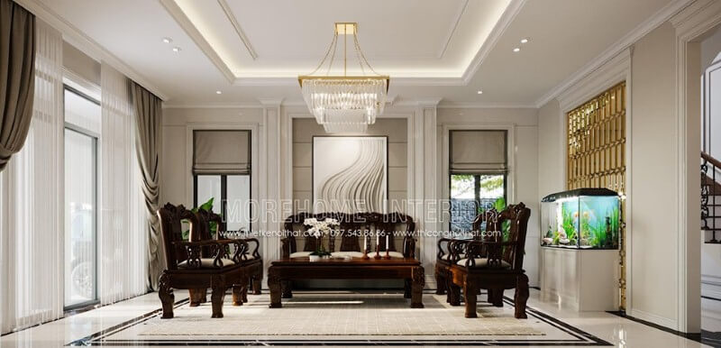 Tranh in canvas treo tường đẹp tạo điểm nhấn ấn tượng cho phòng khách. Mẫu thiết kế nội thất biệt thự đẹp