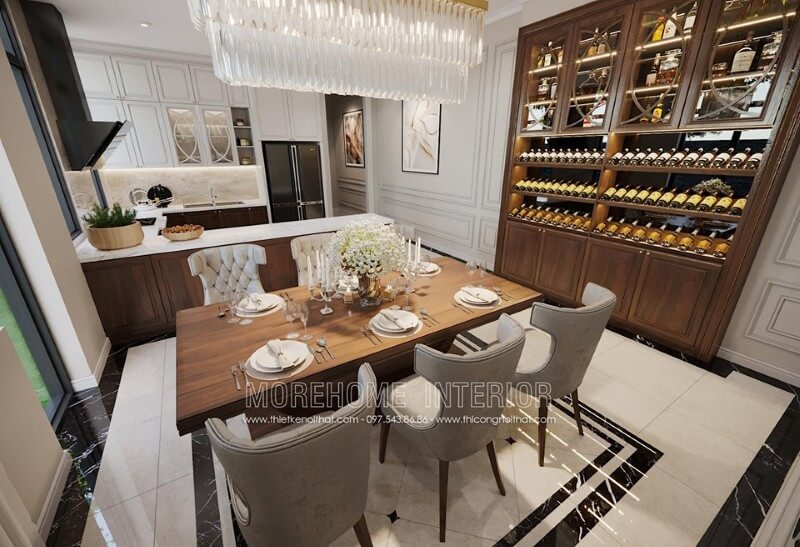 Bộ bàn ăn 6 người bọc nhung cao cấp, tạo vẻ đẹp sang trọng cho không gian phòng ăn. Mẫu thiết kế nội thất biệt thự đẹp