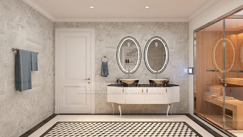 Tủ sơn trắng kết hợp cùng tay nắm mạ vàng tạo điểm nhấn ấn tượng cho phòng tắm tân cổ điển cao cấp. Mẫu thiết kế nội thất biệt thự đẹp