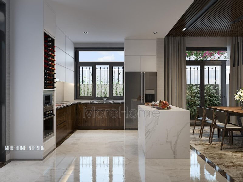 Thiết kế nội thất phòng bếp hiện đại, đẹp, thông thoáng nhưng độc lập phòng ăn bởi cách bố trí khéo léo từ bàn đảo bếp. Mẫu thiết kế nội thất biệt thự đẹp