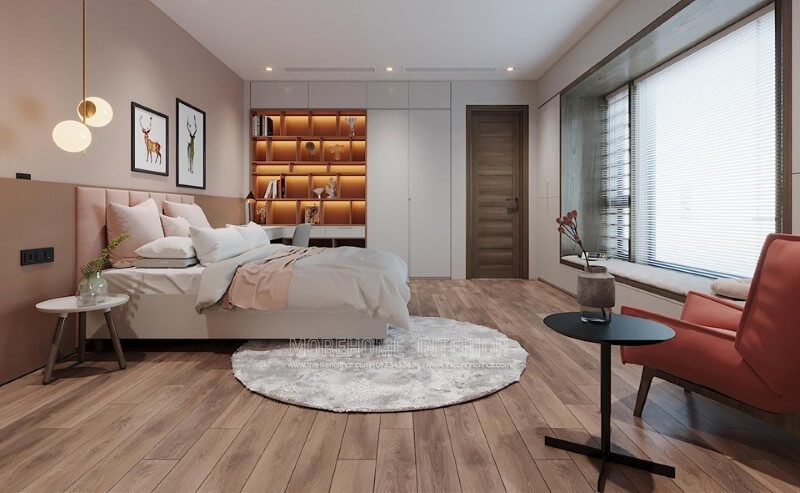 Mẫu giường ngủ đầu giường bọc nỉ màu hồng cho phòng bé gái đẹp hiện đại