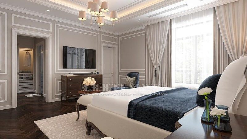 Bố trí nội thất phòng ngủ master tân cổ điển sử dụng tone trắng chủ đạo sẽ là lựa chọn ấn tượng cho chủ nhà mệnh Kim.