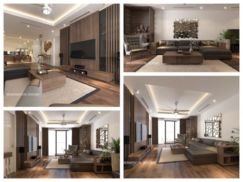 Phòng khách chung cư được thiết kế đẹp với bộ bàn ghế sofa gỗ óc chó được bọc da cao cấp.