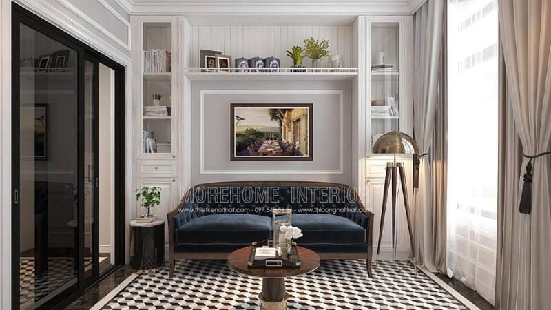 Bàn ghế sofa gỗ óc chó tone xanh mang lại sự đẹp, độc đáo và sang trọng cho phòng đọc sách.